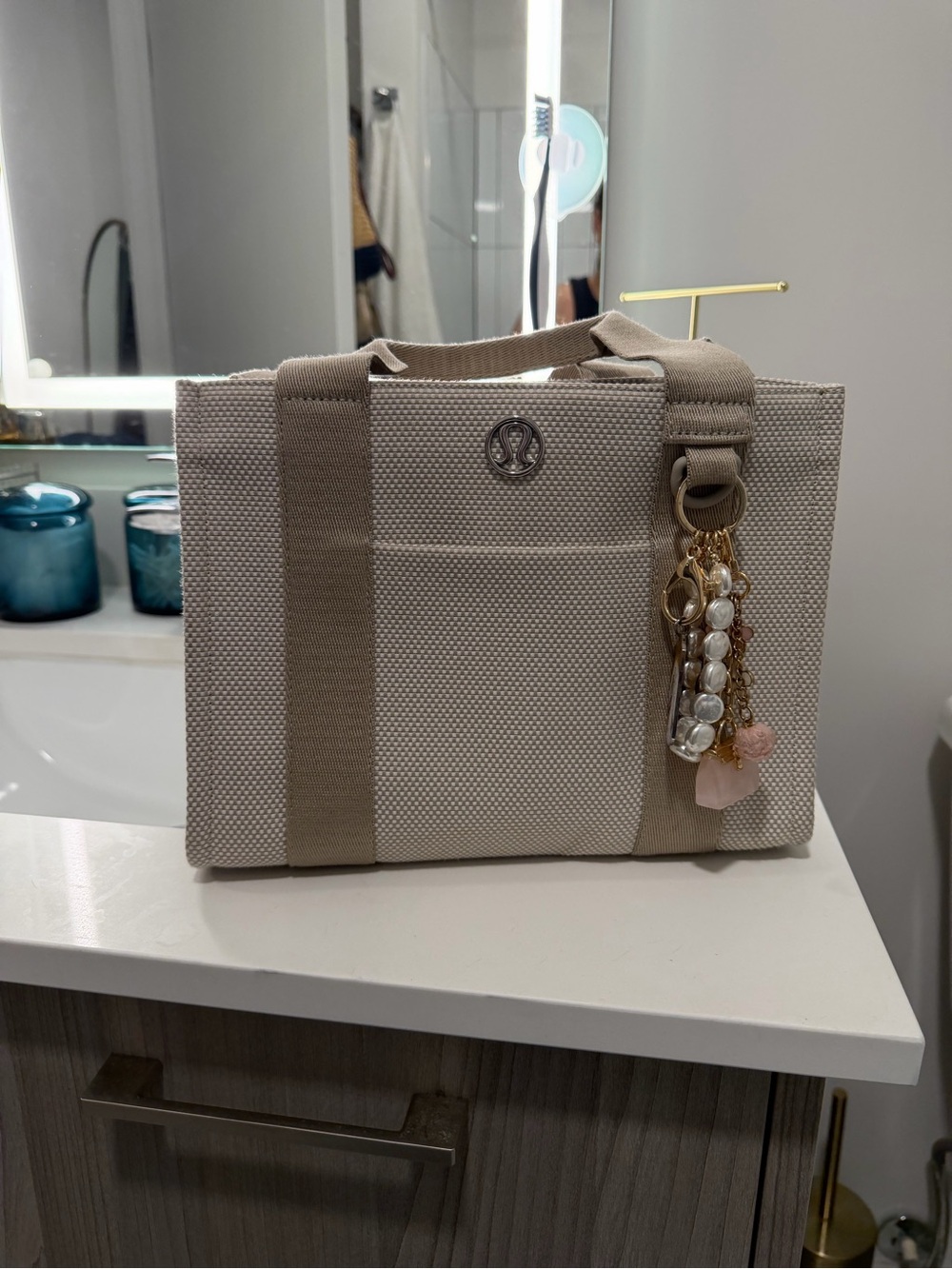 lululemon athletica Tan and Cream Canvas Tote with Charm